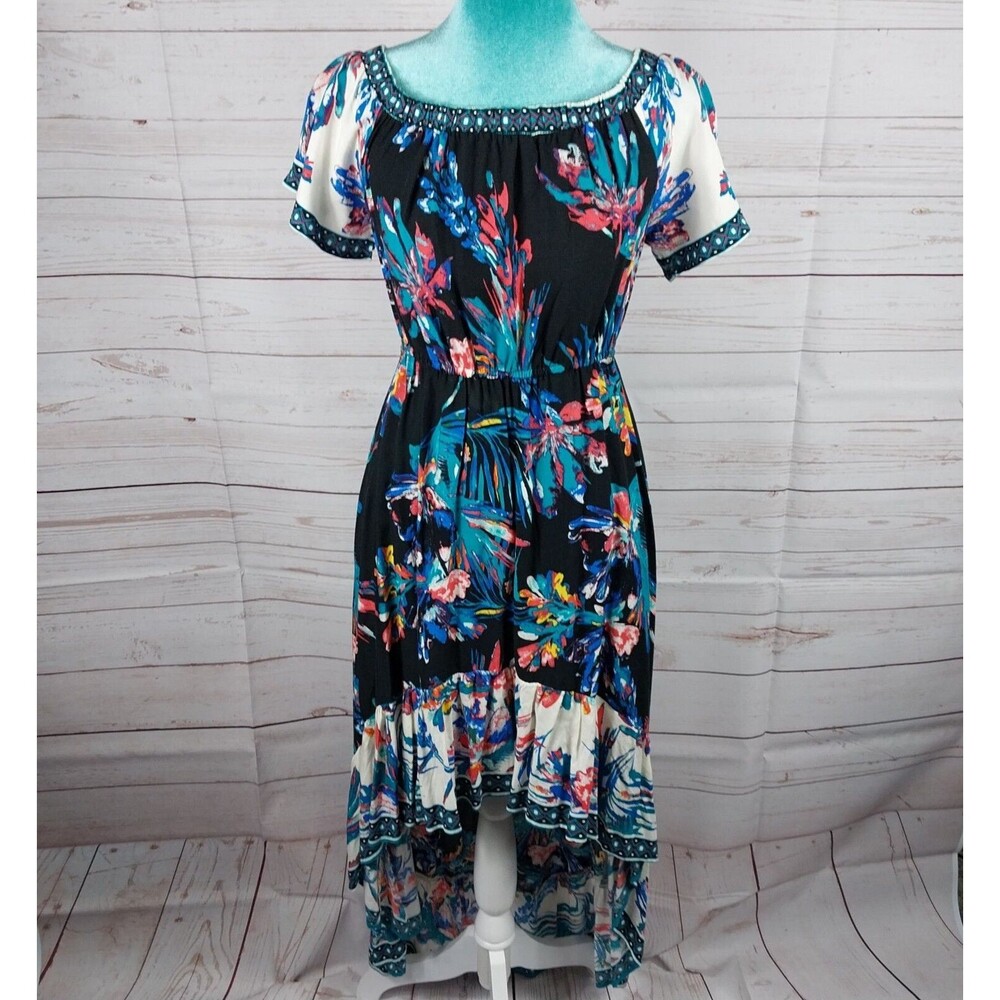 Flying Tomato Black Hi-low Dress Dark Floral Print Sz XS Off Shoulder Blue White